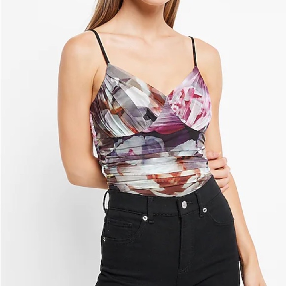 Express BODY CONTOUR FLORAL MESH CAMI THONG BODYSUIT WITH REMOVABLE CUPS